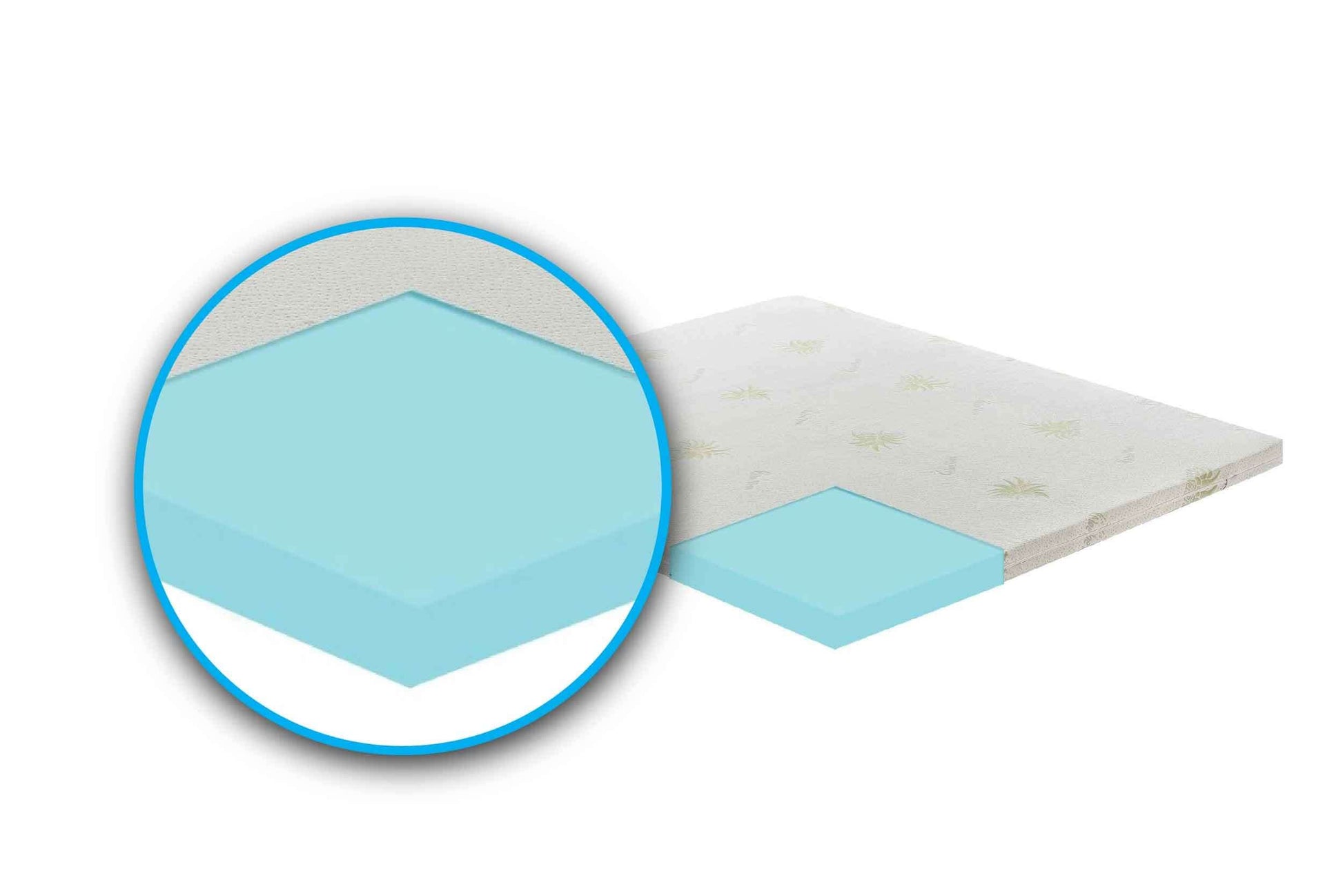 Memory foam mattress topper with aloe vera cover, illustrating 10cm thickness and breathable design.