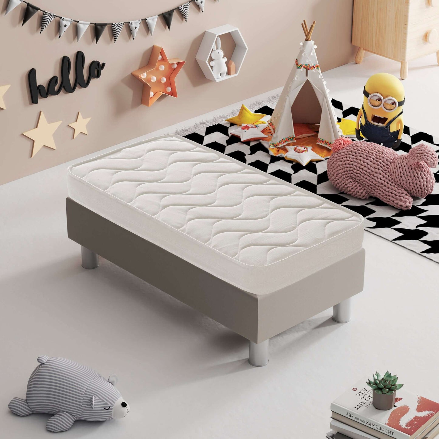 Matelas bébé Octave en mousse, 60x120cm, haut et respirant, sur un tapis coloré dans une chambre d'enfant.