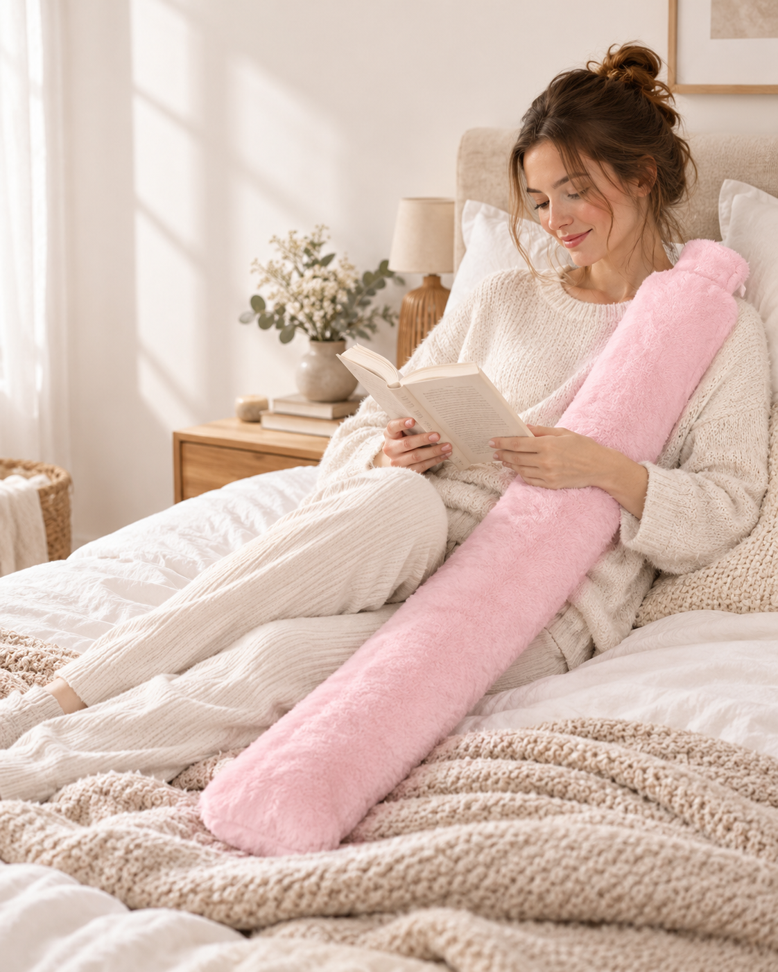 Étreinte — bouillotte XXL longue rose dans une chambre cocooning