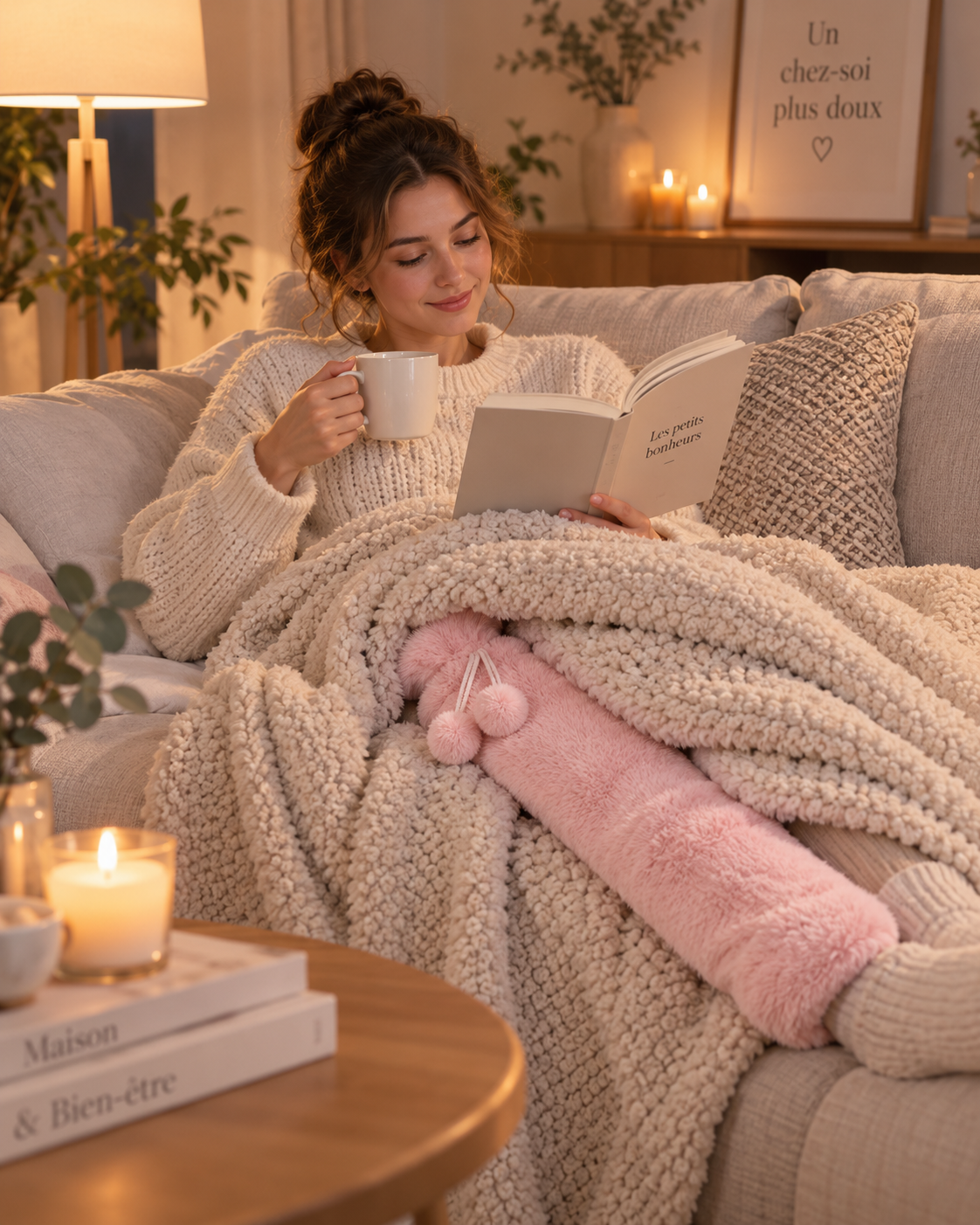Moment cocooning du soir avec la bouillotte XXL Étreinte