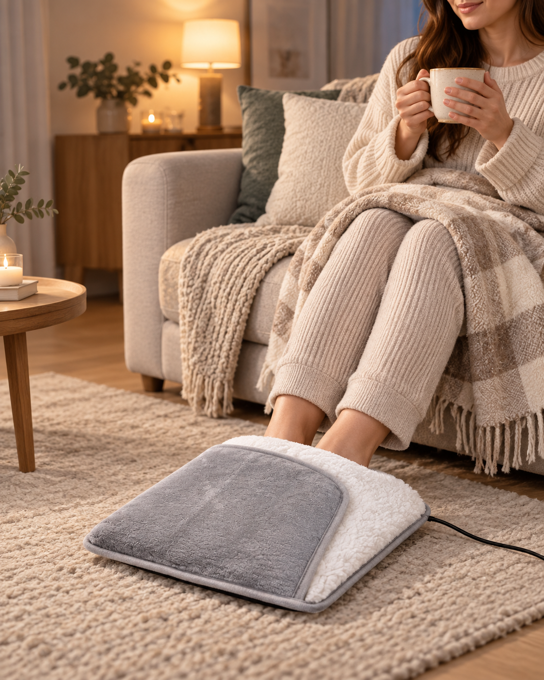 Cocon Chaud — chauffe-pieds USB gris et blanc