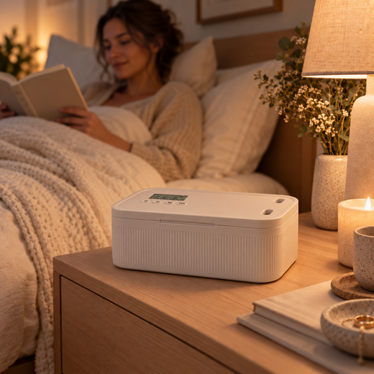 Boîte PAUSE sur une table de nuit pendant une routine du soir sans téléphone