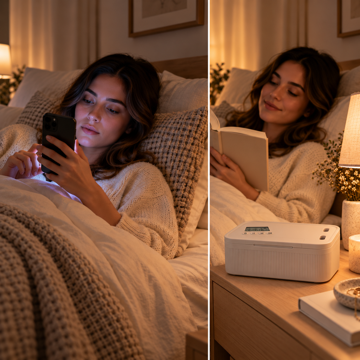 Avant après : téléphone au lit puis lecture avec la boîte PAUSE