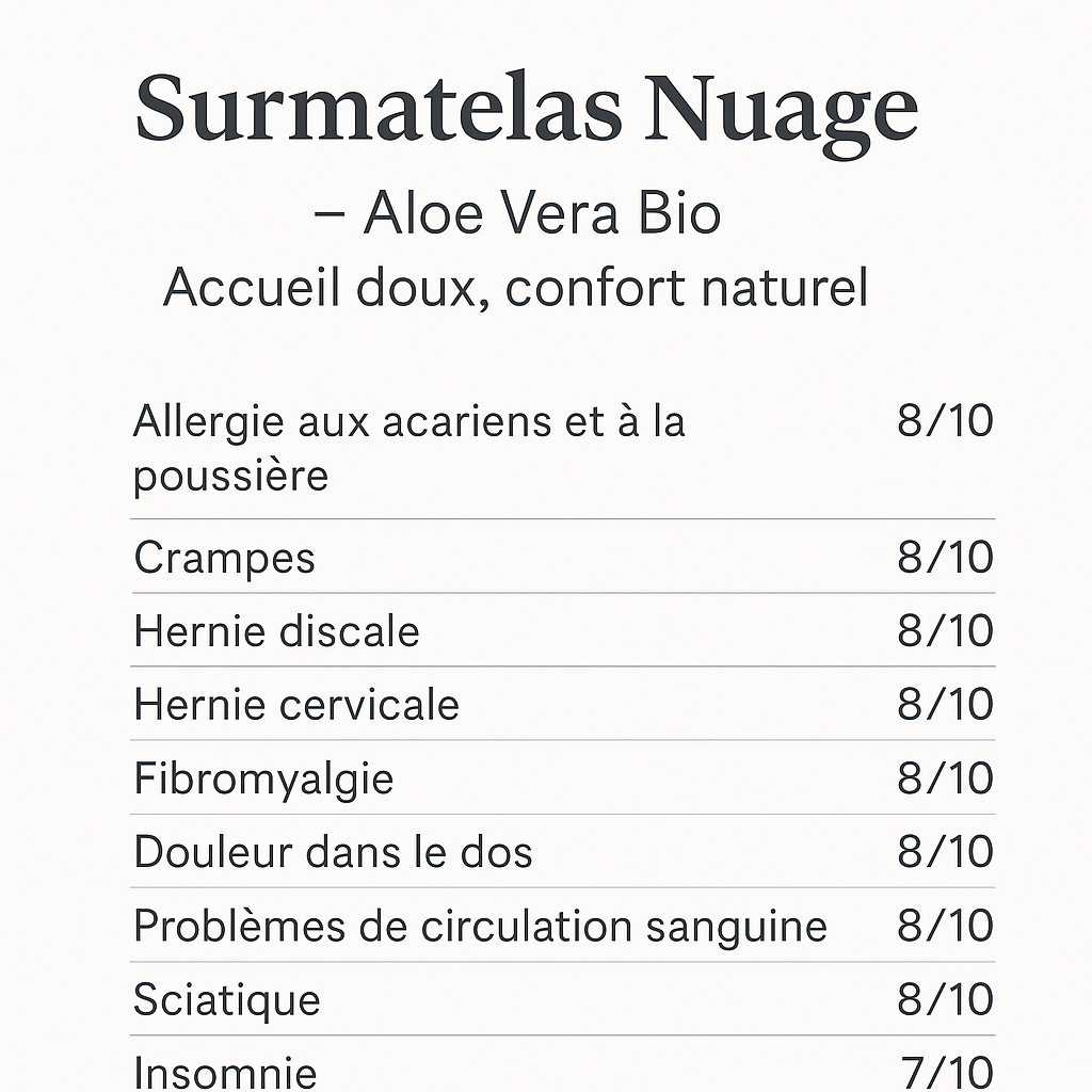 Surmatelas Nuage bio à l'aloe vera Garanti 20 ans