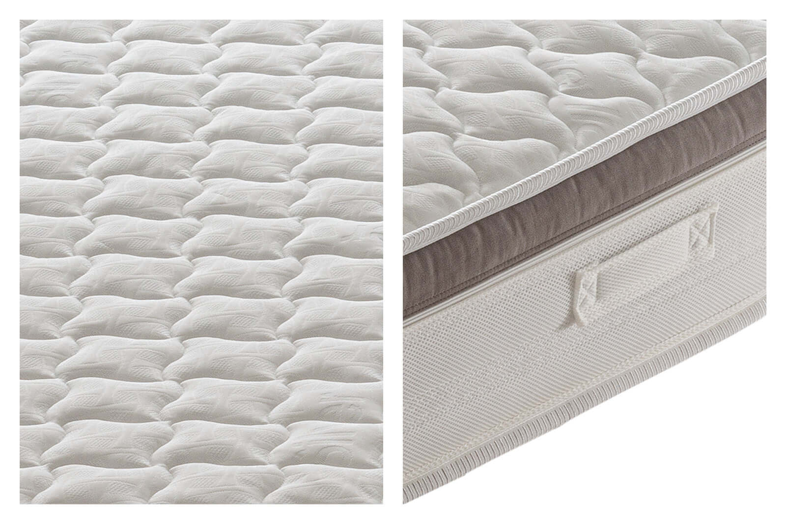 Détail du matelas ressorts mi-ferme Joris avec surface en mousse mémoire et côté du matelas.